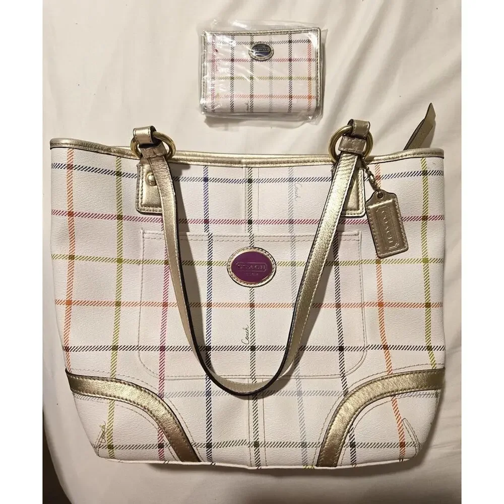 🌟 NWOT Coach Peyton Tattersall Plaid Tote Bag & Matching Wallet Set 🌟